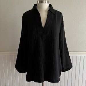 C&C California Long Sleeve Collared Tunic 100% Cotton Crinkle Gauzy Black L